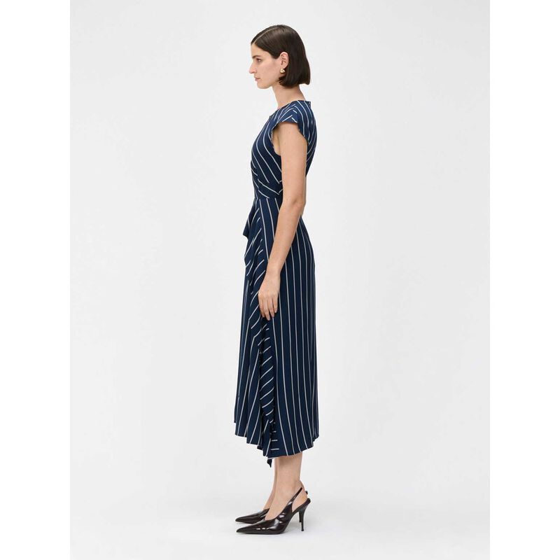 Veronika Maine Navy Pinstripe Flounce Dress image number 3